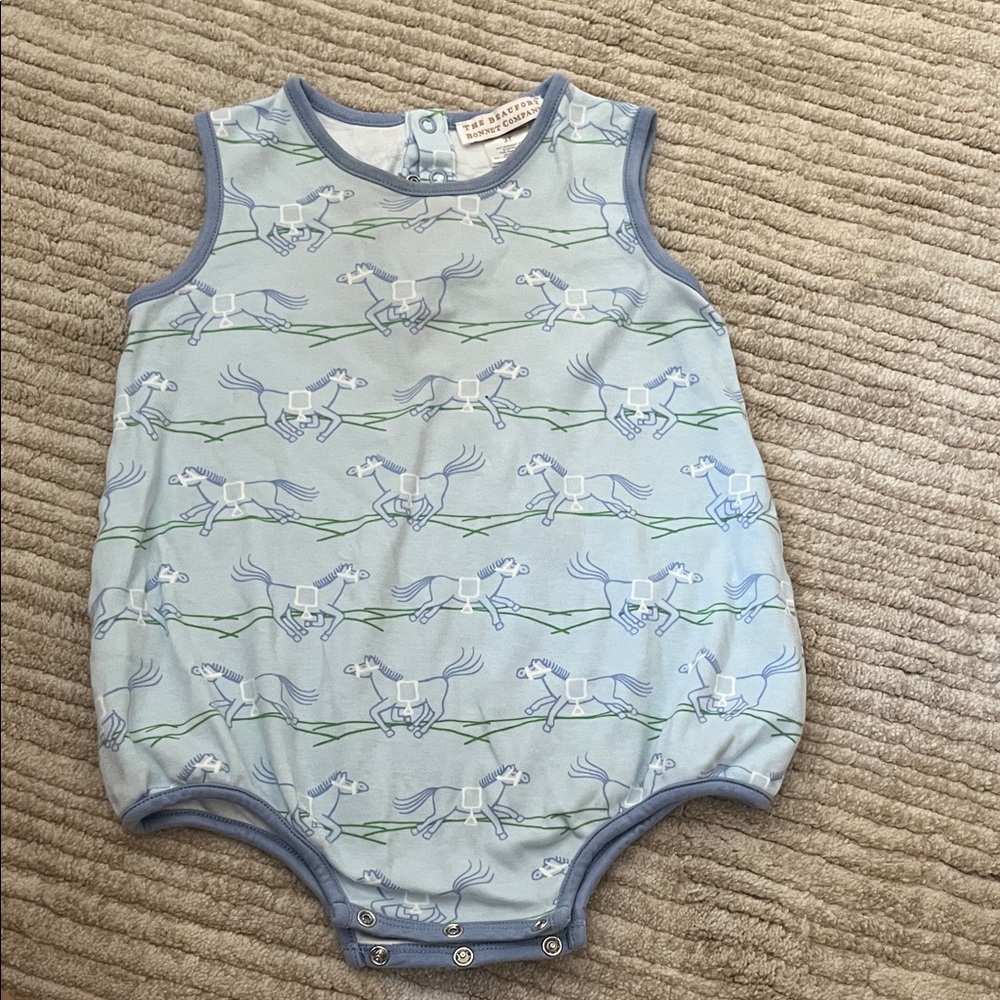 The Beaufort Bonnet Company Light Blue Horse Print Romper 3T